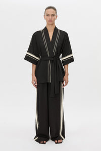Front view CAMILLA AND MARC relaxed Enna Robe in black with embroidery detail.