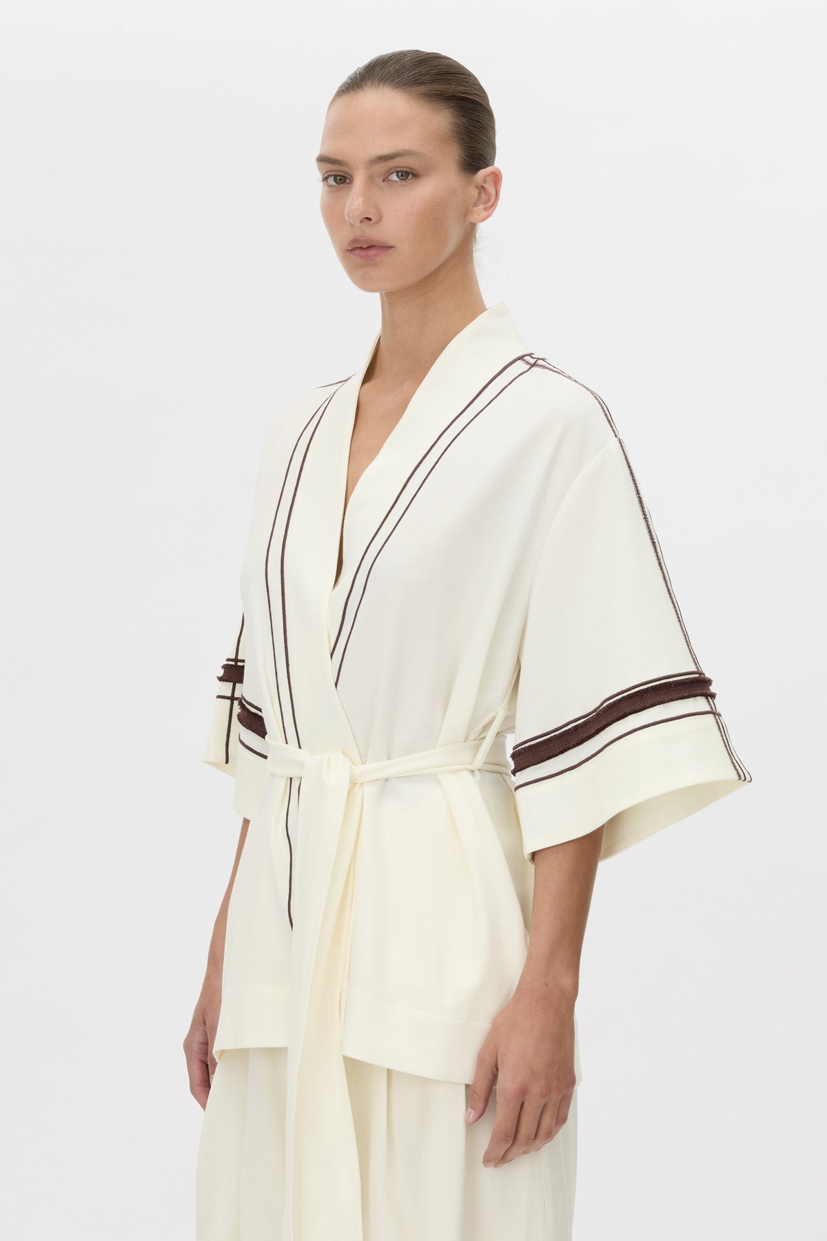 Cropped view CAMILLA AND MARC relaxed Enna Robe in stone with embroidery detail.