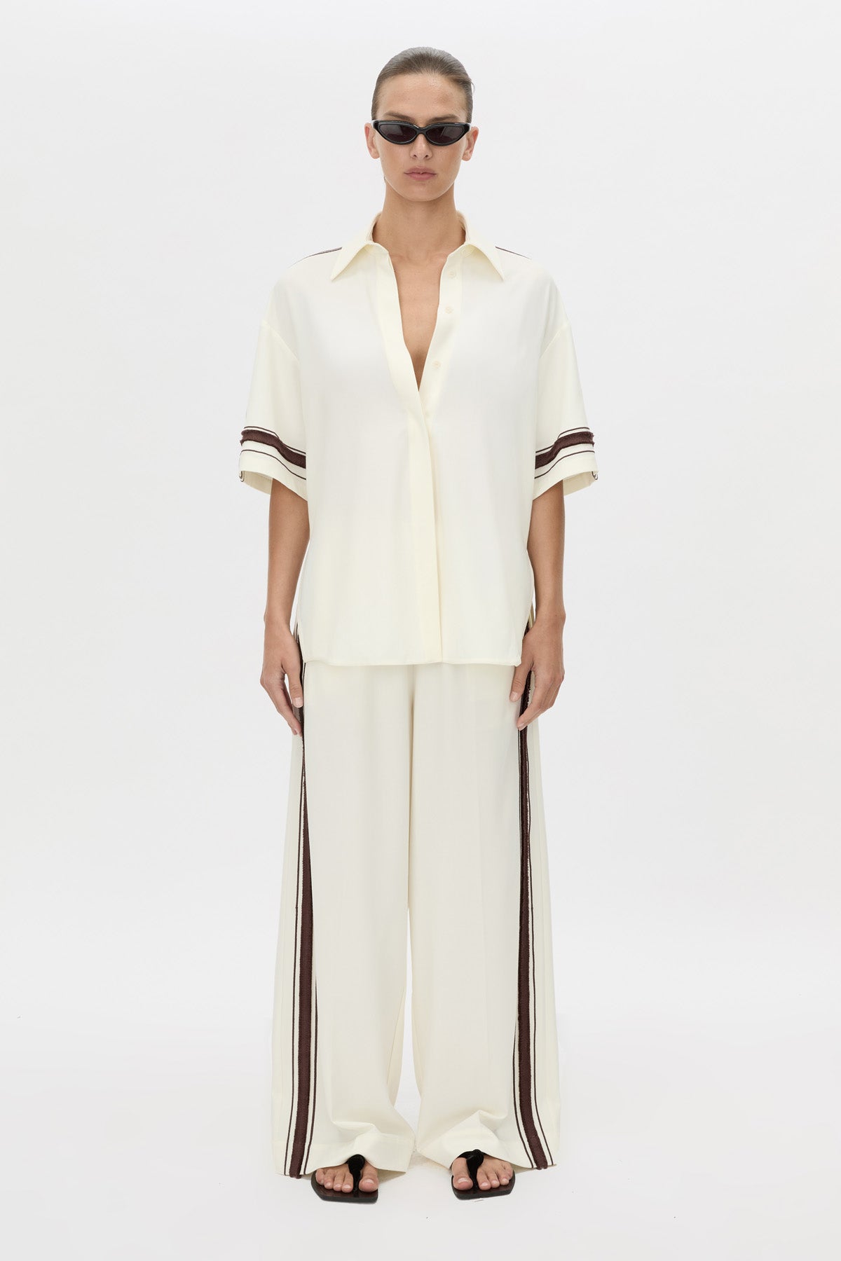 Front view CAMILLA AND MARC relaxed Enna Shirt in stone with embroidery detail.