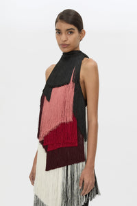 Cropped view CAMILLA AND MARC Evara Fringe Mini Dress with multicoloured layered satin fringe and high neckline.