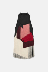 Ghost view CAMILLA AND MARC Evara Fringe Mini Dress with multicoloured layered satin fringe and high neckline.