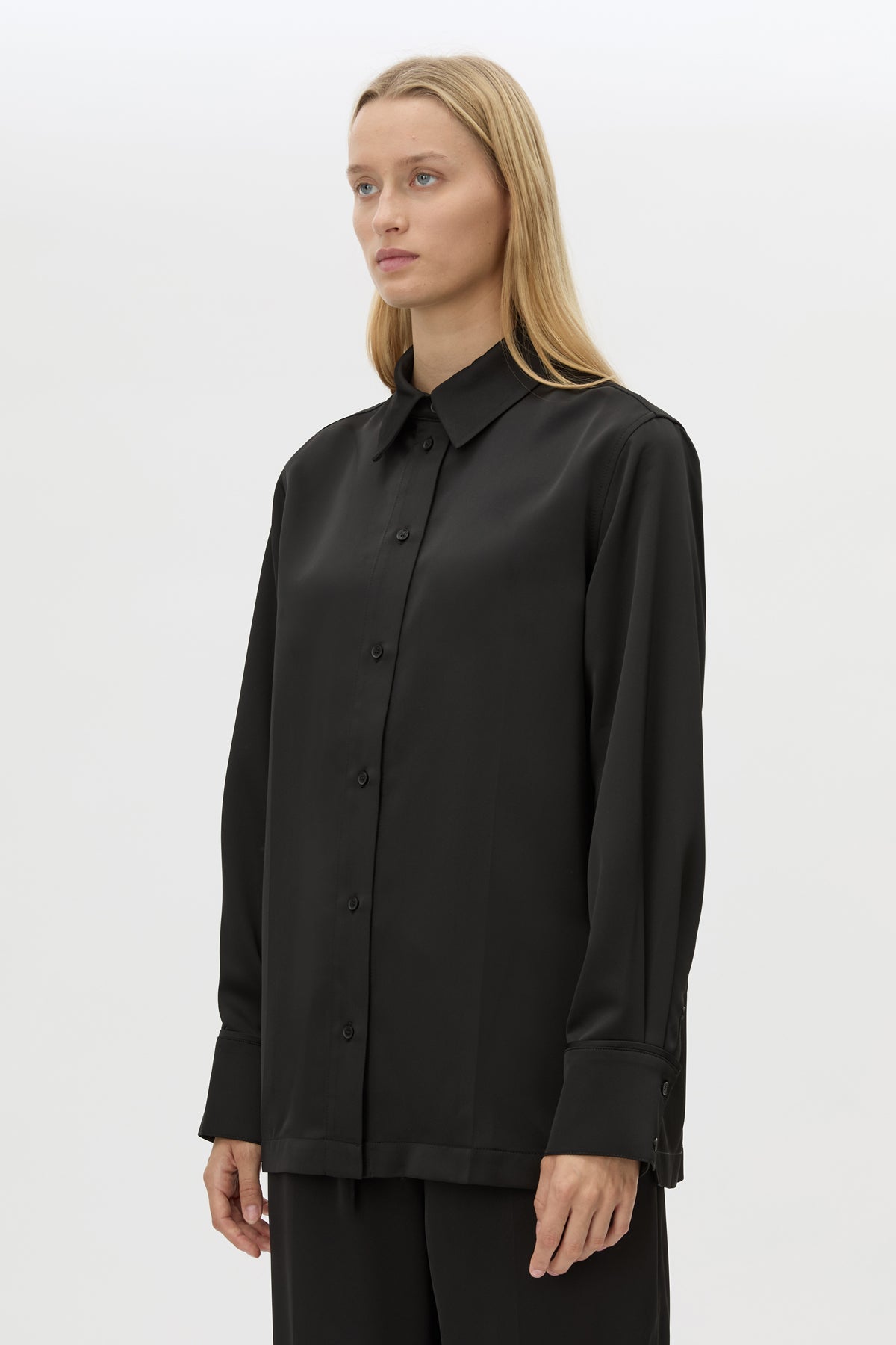 Cropped view CAMILLA AND MARC Ground Satin Long Sleeve Shirt in Black with collared neckline.