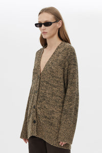 Close Up View CAMILLA AND MARC Hal Knit Boyfriend Cardigan in honey black with V neck and button front.