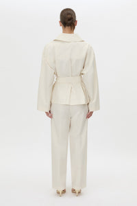 Back view CAMILLA AND MARC Inca Belted Wrap Jacket in ivory.