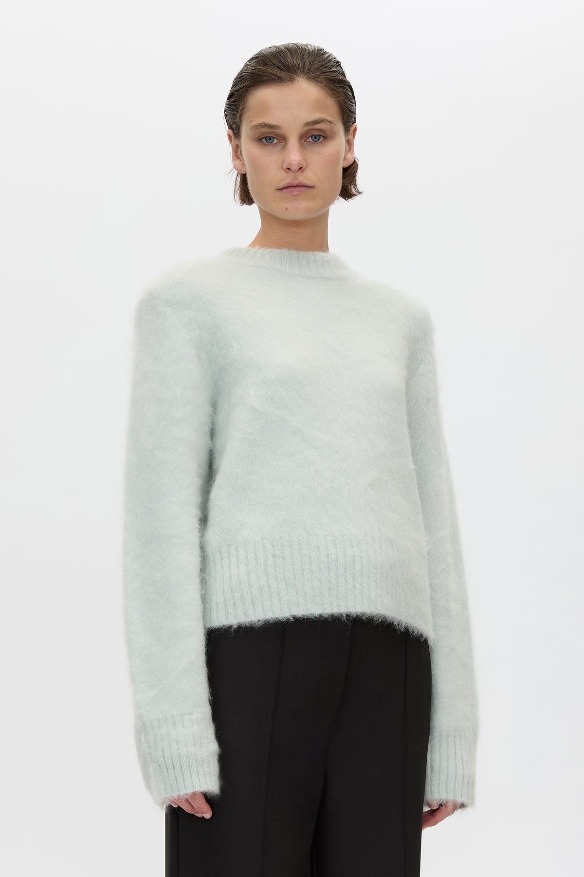 Cropped view CAMILLA AND MARC Ines Knit Sweater in Mint with brushed knit texture and ribbed crew neckline.
