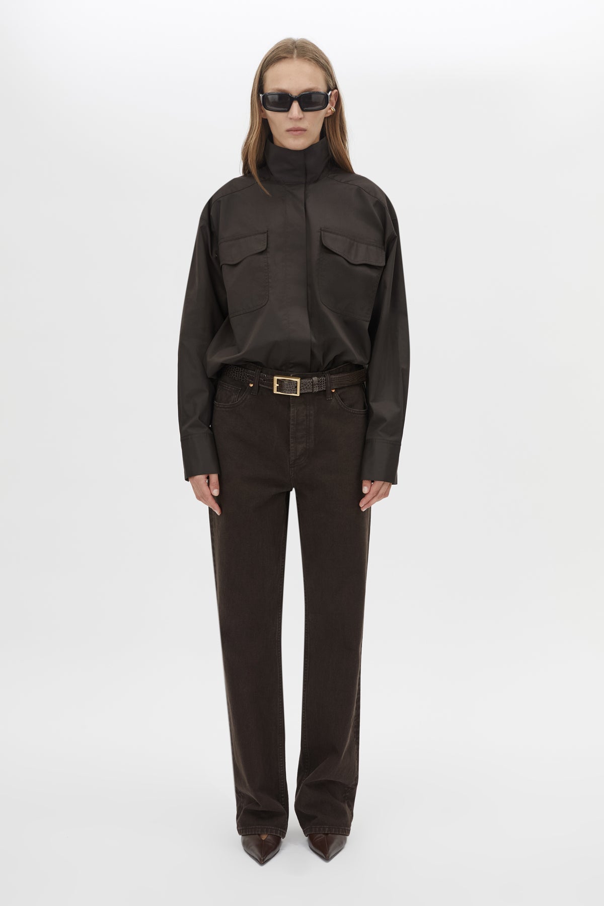 Front view CAMILLA AND MARC Java Shirt in Espresso Brown styled with the Manuela Denim Jean.