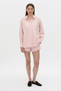 Front-styled view CAMILLA AND MARC Jenie stripe shirt in light rose stripe.