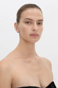 Side view CAMILLA AND MARC Leighton Pavé Ear Cuff in silver with geometric double‑row pavé detailing.