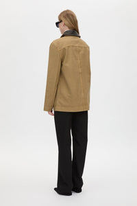 Back view CAMILLA AND MARC Luca Utility Jacket in Camel Brown with a contrast leather collar.