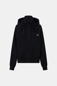 Ghost view CAMILLA AND MARC Lyra Embroidered Hoodie in Black and White with exposed quarter‑zip opening.