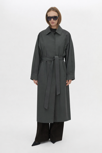 Front view CAMILLA AND MARC Mahdavi Trench in Grey with oversized silhouette and dropped raglan long sleeves.