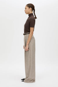 Side view CAMILLA AND MARC Malik Pant in Tan Herringbone with wide‑leg low‑rise tailored silhouette.