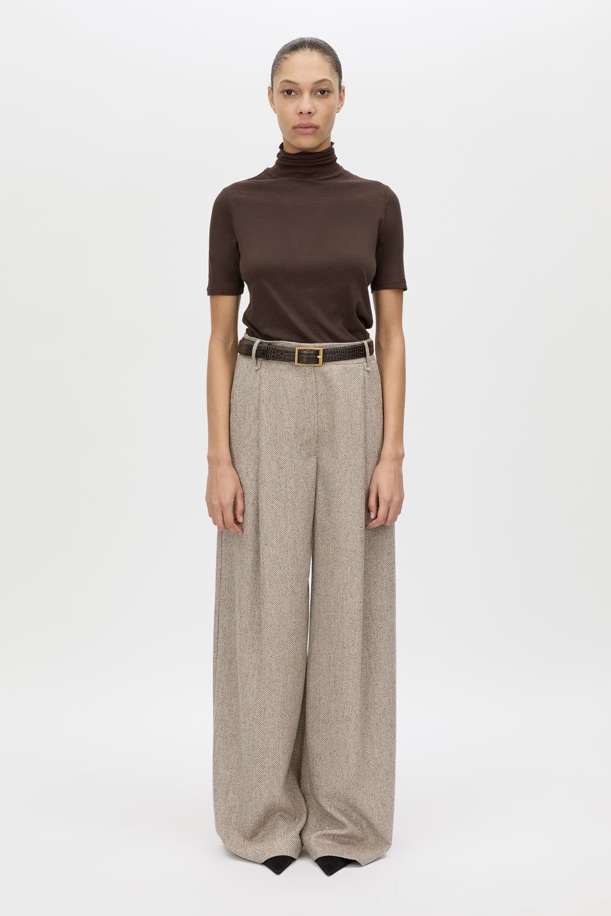 Front view CAMILLA AND MARC Malik Pant in Tan Herringbone styled with the Dakota Elbow Sleeve Top.