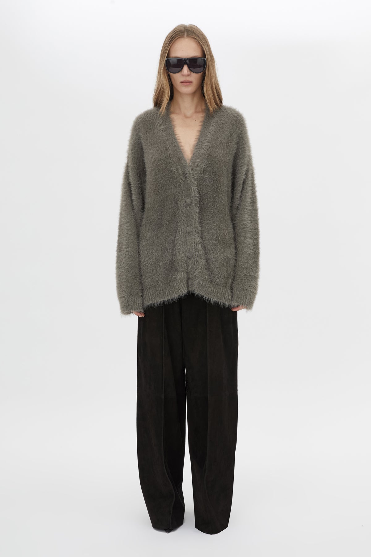 Front Styled View CAMILLA AND MARC Martine Knit Cardigan in smokey grey with an oversized fit.