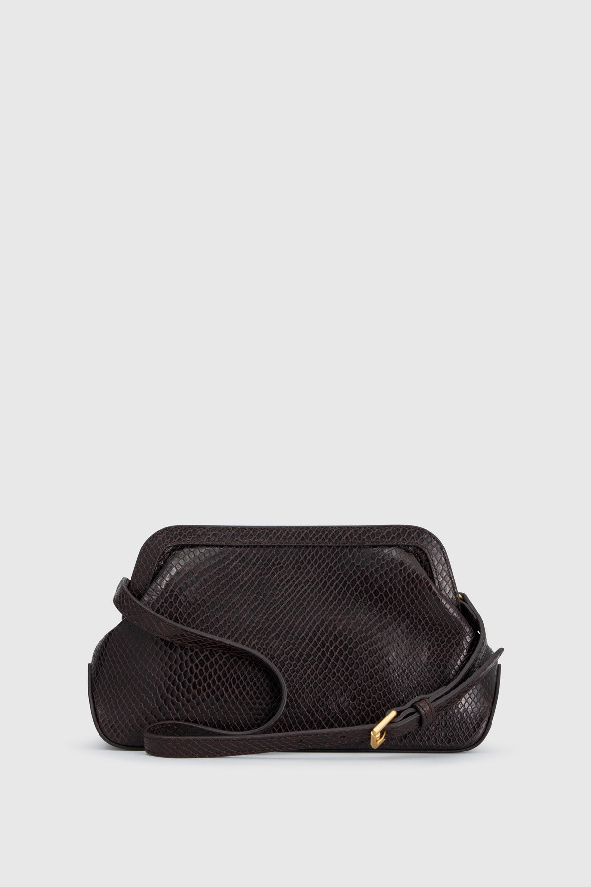 Back view CAMILLA AND MARC Mette Mini Snake Bag in chocolate snake‑textured leather.