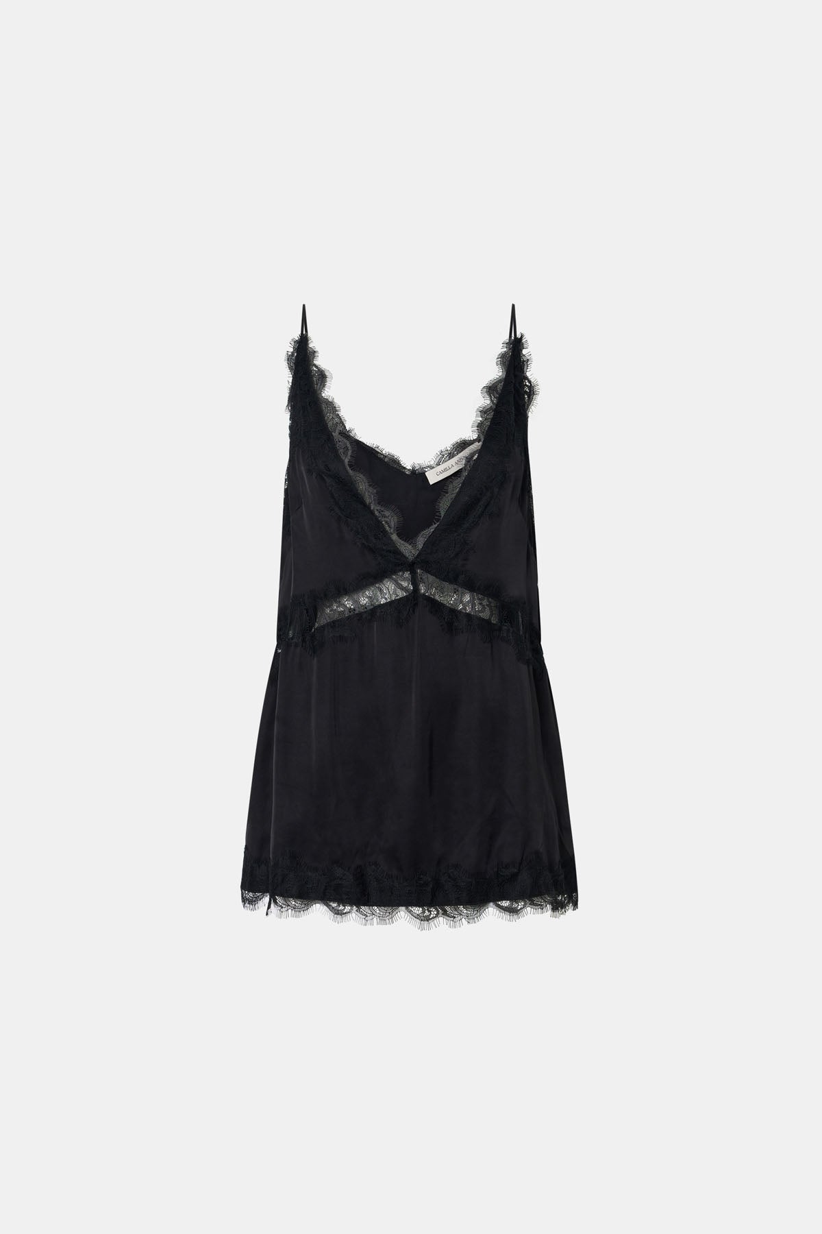 Ghost view CAMILLA AND MARC Mirage Lace Trim Top in Black with V‑neck cami silhouette, and lace border trim.