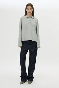 Front view CAMILLA AND MARC Moreno Long Sleeve Polo Top in Grey Marle with quarter button placket, and embroidered monogram.