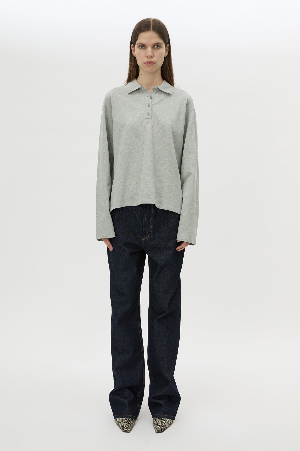 Front view CAMILLA AND MARC Moreno Long Sleeve Polo Top in Grey Marle styled with the Manuela Denim Jean.