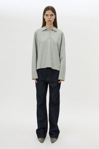 Front view CAMILLA AND MARC Moreno Long Sleeve Polo Top in Grey Marle styled with the Manuela Denim Jean.
