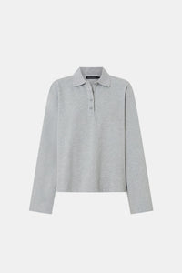 Ghost view CAMILLA AND MARC Moreno Long Sleeve Polo Top in Grey Marle with quarter button placket, and embroidered monogram.