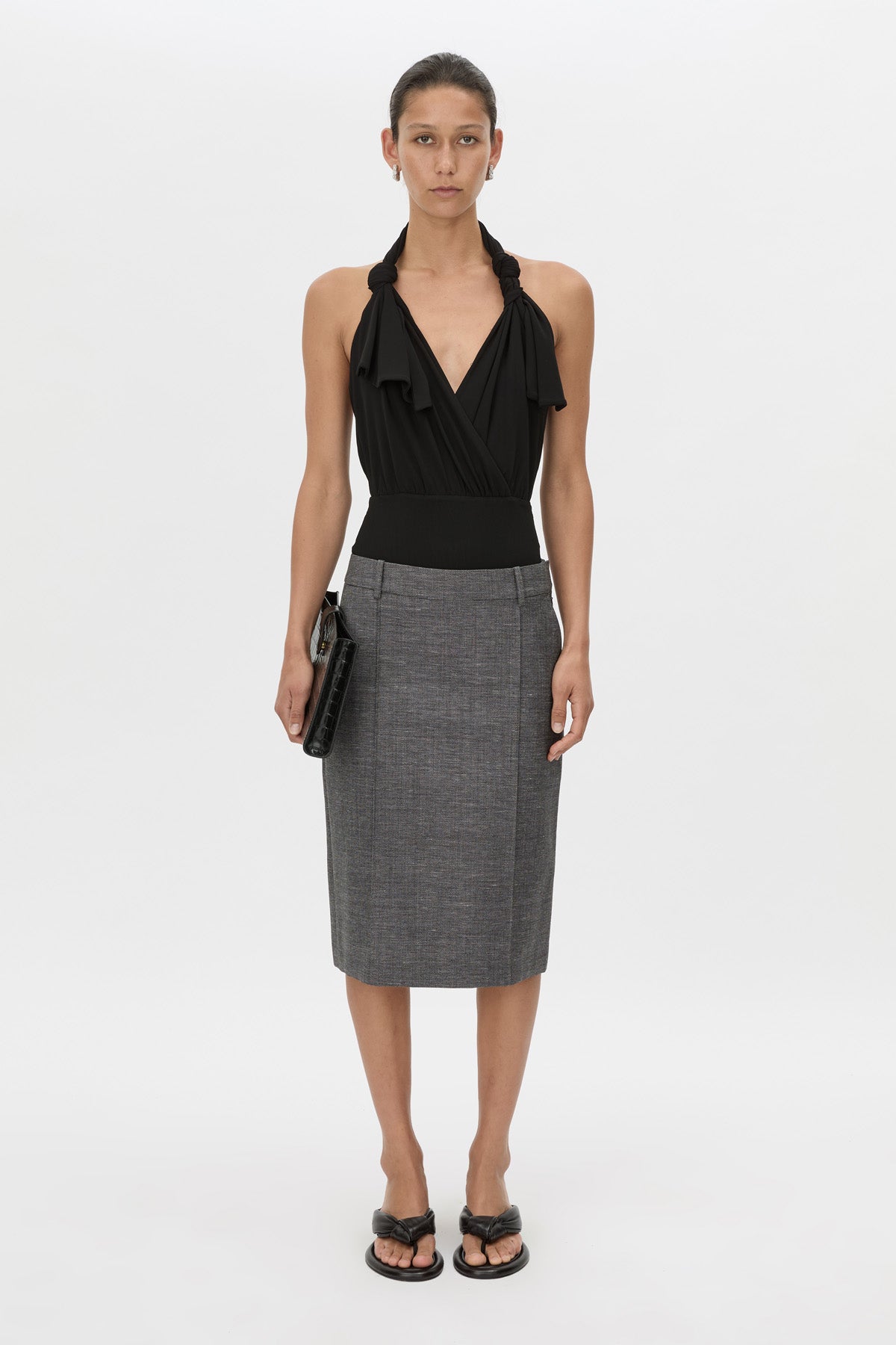 Front view CAMILLA AND MARC Myro Bodysuit in black with a knotted wrap cowl neckline.
