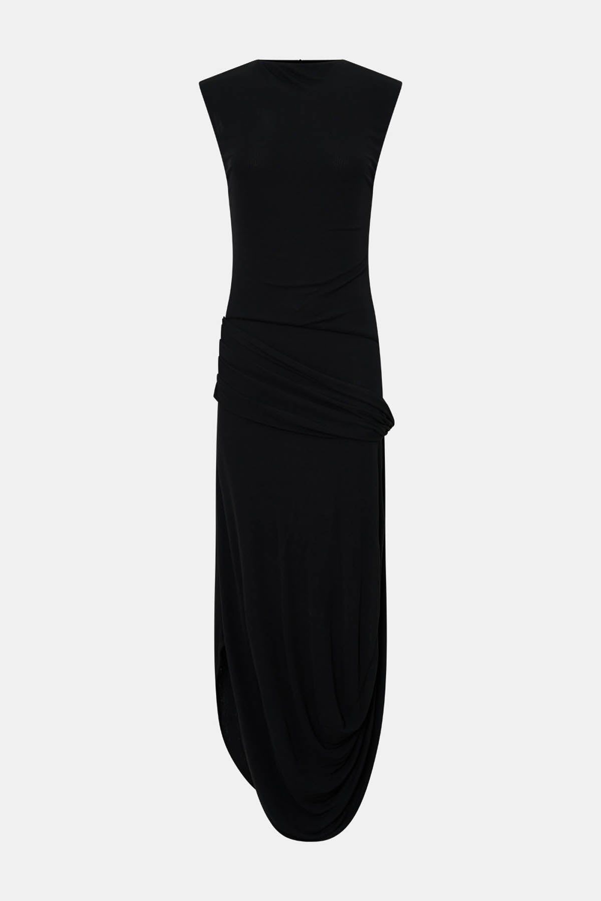 Ghost view CAMILLA AND MARC Myro Midi Dress in black with a fitted waistline and a twisted drape detail at the hip.