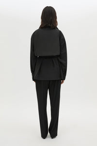 Back view CAMILLA AND MARC Nasir Cropped Jacket in Black with high‑neck, double‑breasted wrap design.