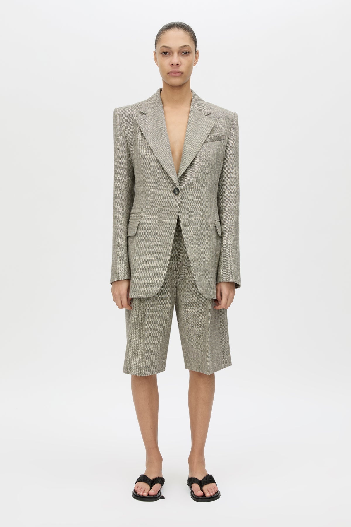 Front view CAMILLA AND MARC Nestor Blazer in Chocolate Marle styled with the Nestor Short.
