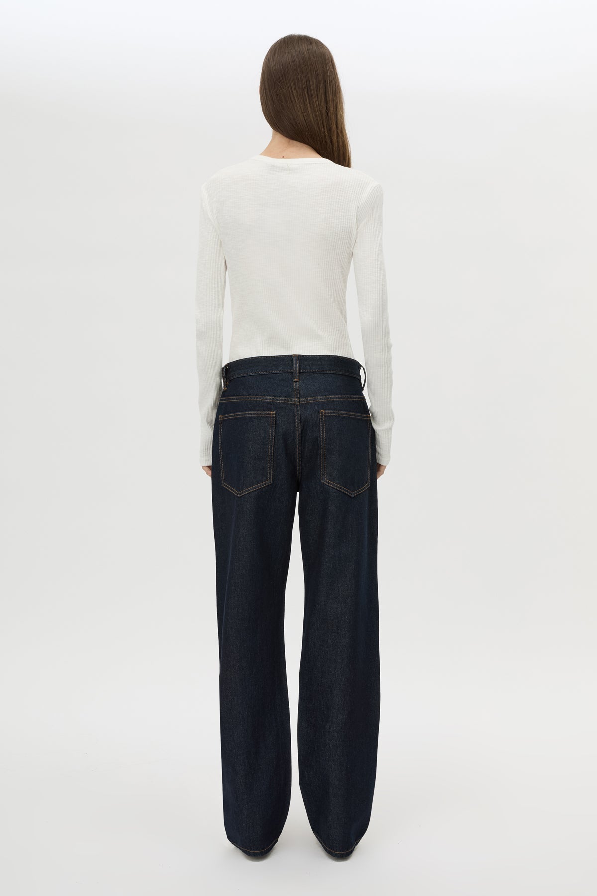 Back view CAMILLA AND MARC Noa Jean in Indigo Blue with a relaxed fit, classic pockets and topstitched seam detailing.