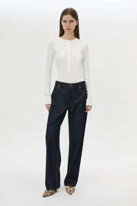 Front styled view CAMILLA AND MARC Noa Jean in Indigo Blue with a relaxed fit, classic pockets and topstitched seam detailing.