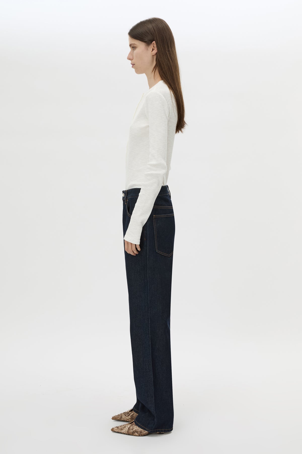 Side view CAMILLA AND MARC Noa Jean in Indigo Blue with a relaxed fit, classic pockets and topstitched seam detailing.