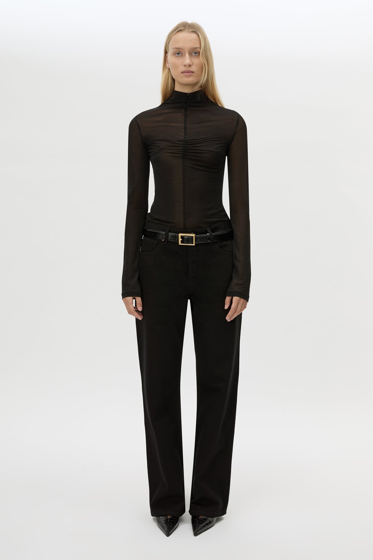 Front styled view CAMILLA AND MARC Novel Long Sleeve Stocking Top in Black with ruched bust detail.