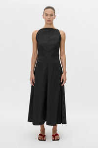 Front view CAMILLA AND MARC Onesto Cotton Midi Dress in black with a cowl neckline.