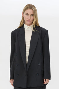 Cropped view CAMILLA AND MARC Orban Oversized Blazer in Navy pinstripe with double‑breasted button closure.