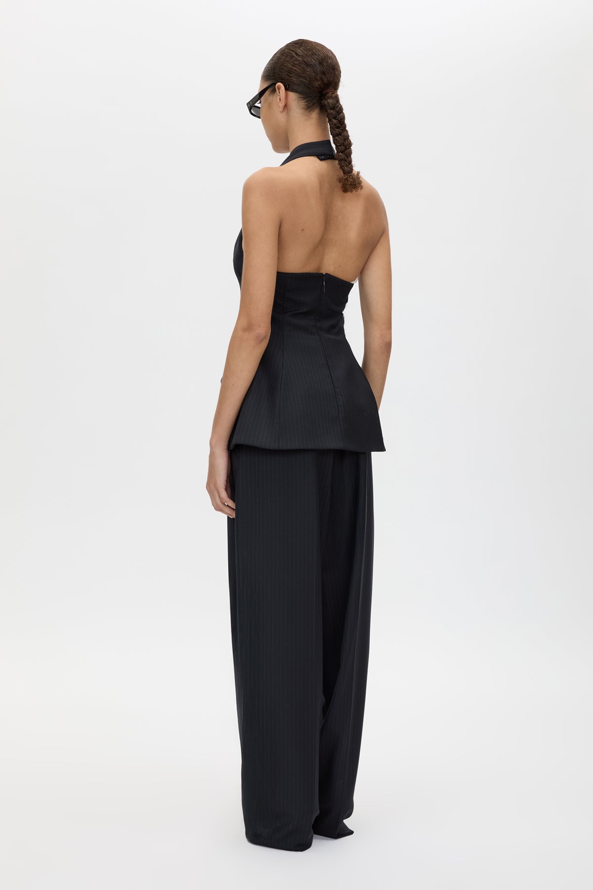 Ghost front CAMILLA AND MARC Orban Wide Leg Pant in Navy Pinstripe with tailored wide leg.