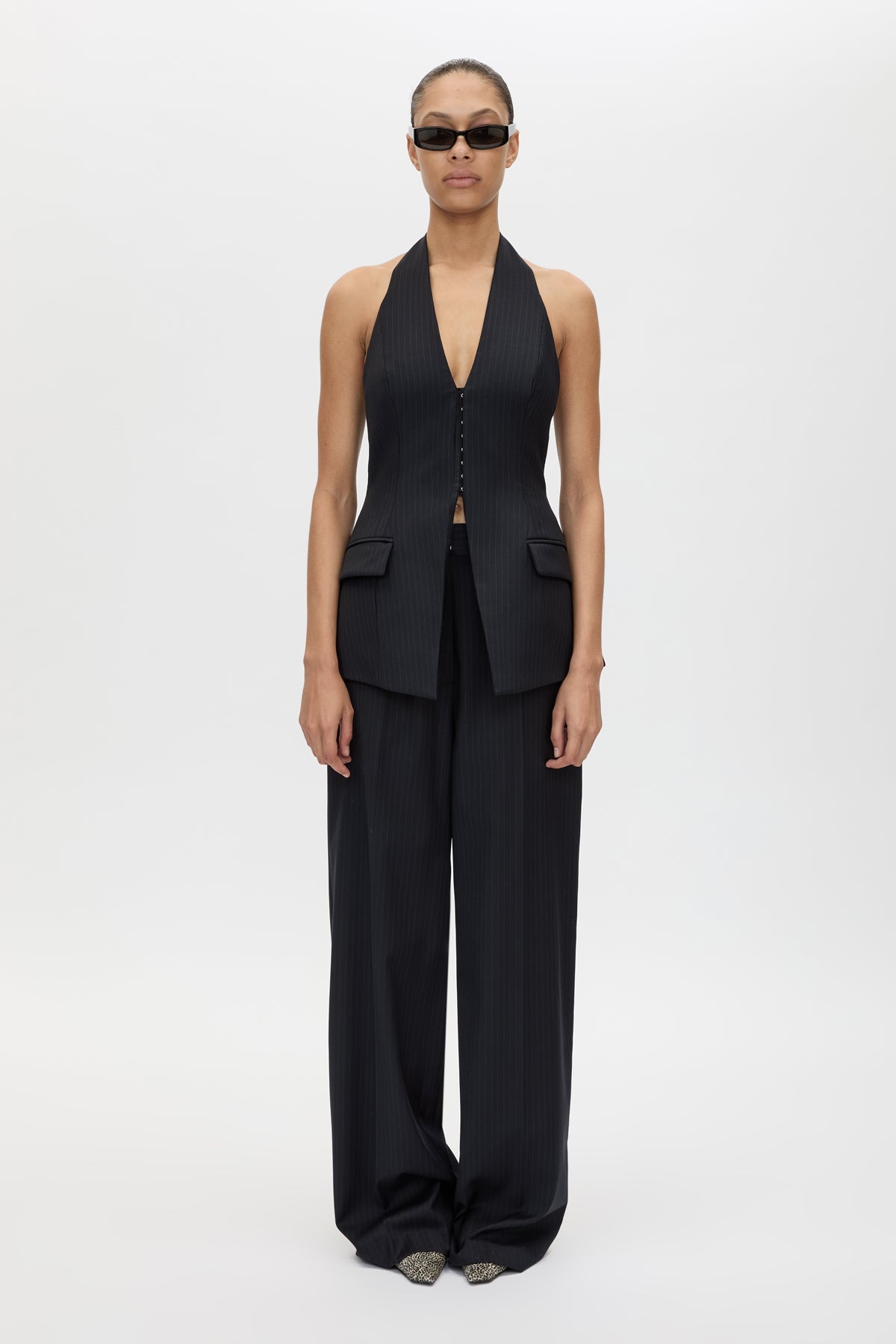 Side view CAMILLA AND MARC Orban Wide Leg Pant in Navy Pinstripe with tailored wide leg.