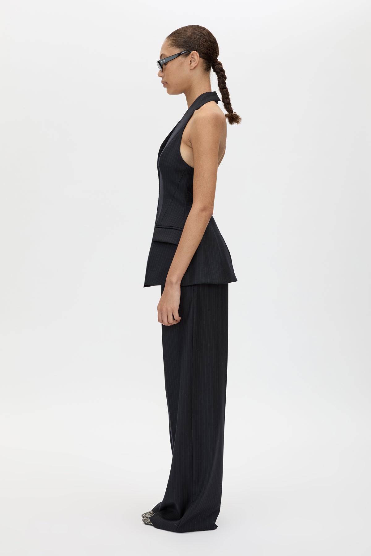 Back view CAMILLA AND MARC Orban Wide Leg Pant in Navy Pinstripe with tailored wide leg.