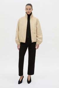Styled view CAMILLA AND MARC Oren Funnel Neck Jacket in ochre stripe with CAMILLA AND MARC monogram embroidery.