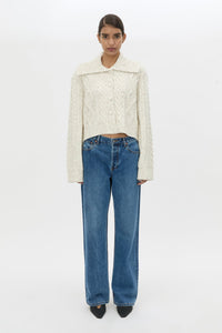 Front styled view CAMILLA AND MARC Oria Knit Cardigan in Marble cable‑knit with relaxed silhouette.