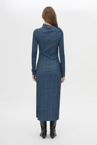 Back view CAMILLA AND MARC Orsa Midi Dress in Navy with long sleeves and a textured jersey finish.