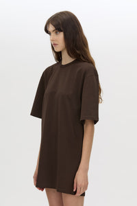 Cropped view CAMILLA AND MARC Peretti Mini Tee Dress in Espresso Brown with rolled short sleeves and mini tee silhouette.