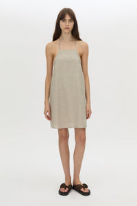 Front-styled view CAMILLA AND MARC Phostre Halter Mini Dress in sand with a halter neckline.