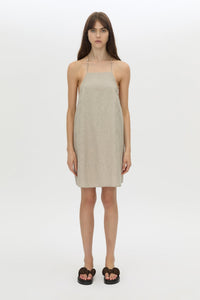 Front view CAMILLA AND MARC Phostre Halter Mini Dress in sand with a halter neckline.