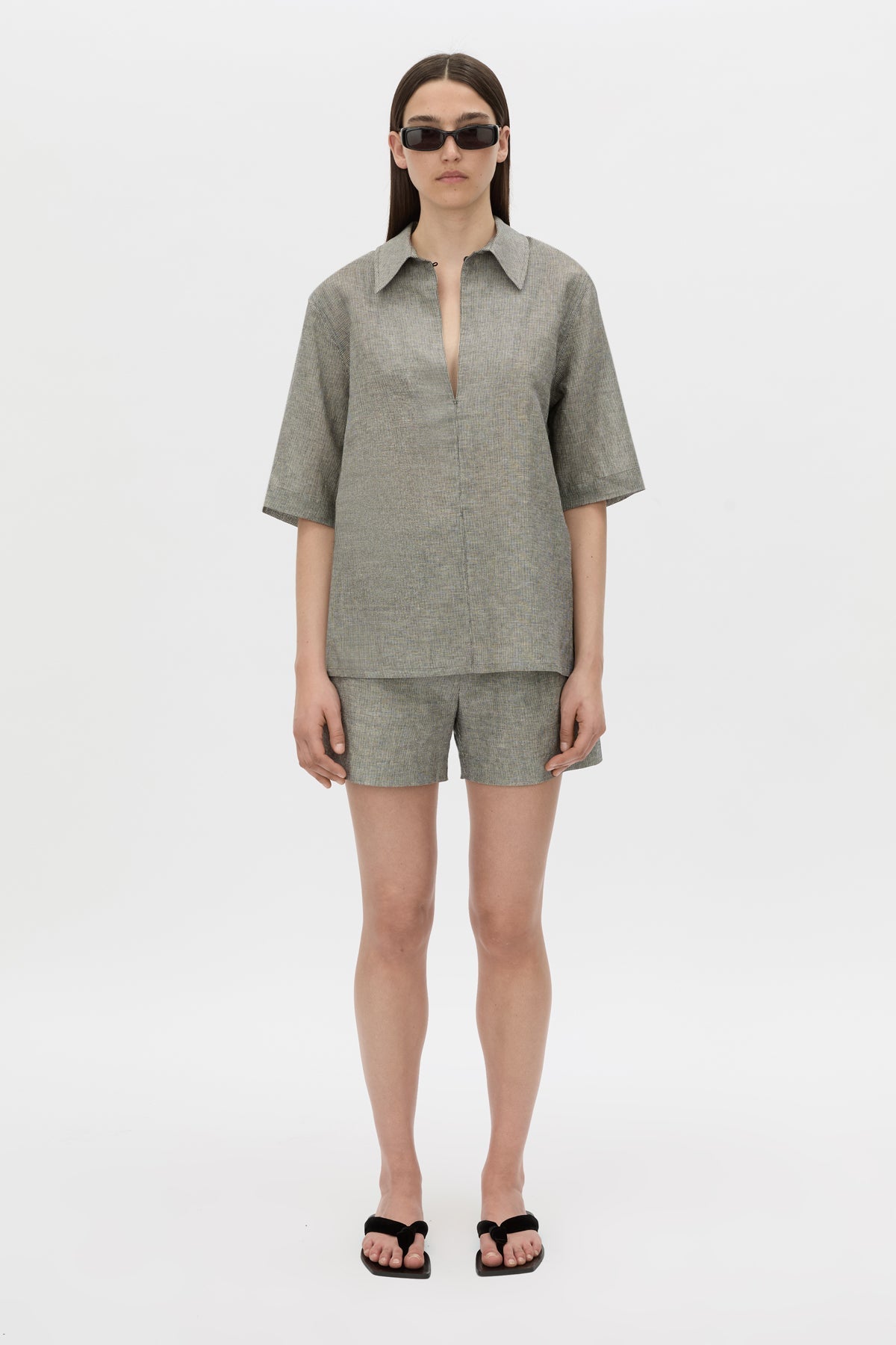 Phostre Stripe Linen Collared Top