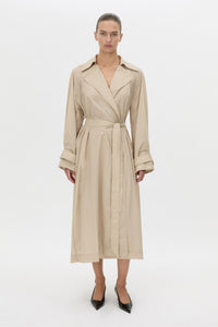 Front view CAMILLA AND MARC Pietro Full Length Sheer Trench in stone with raglan sleeves.