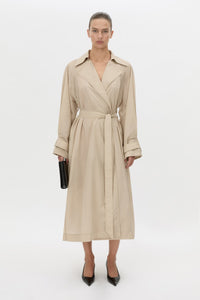 Front-styled view CAMILLA AND MARC Pietro Full Length Sheer Trench in stone with raglan sleeves.
