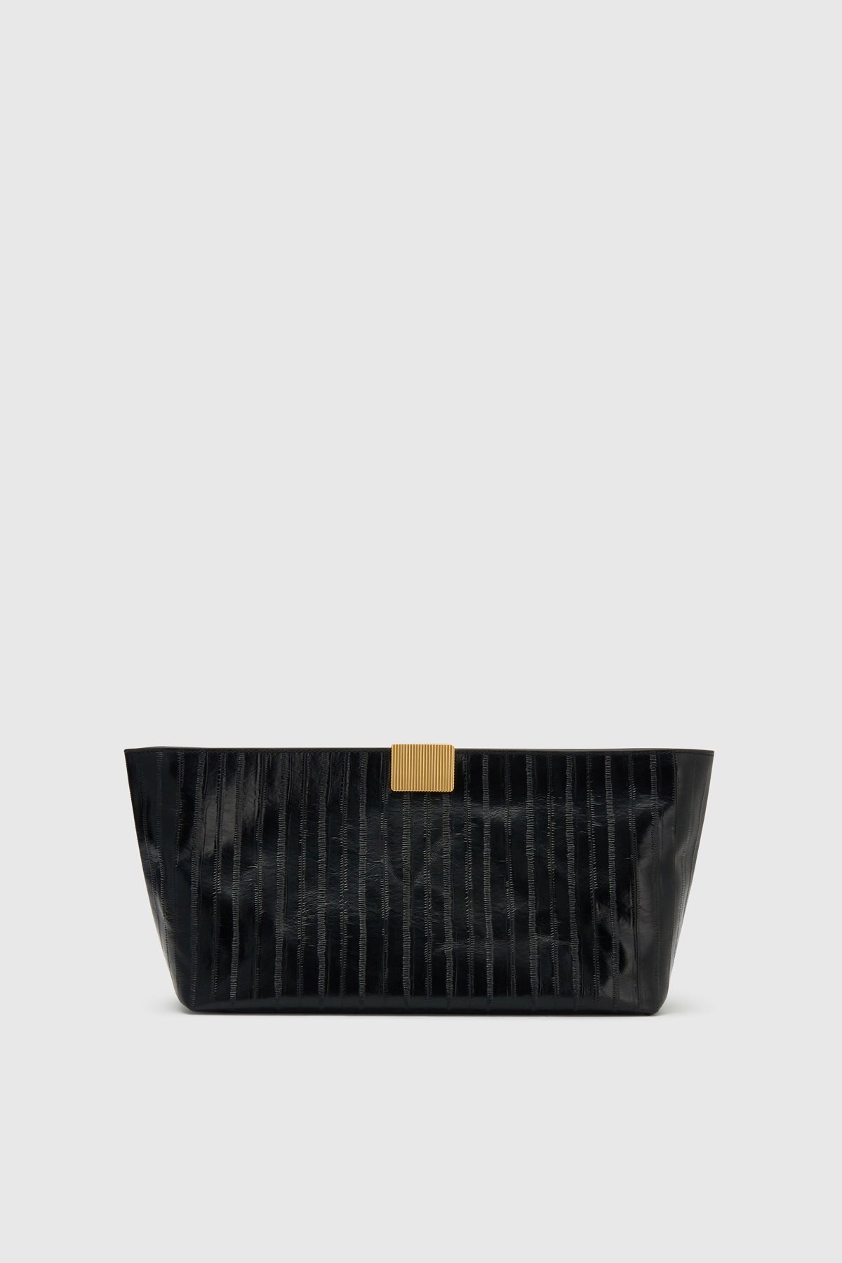 Front ghost view CAMILLA AND MARC Poppy Eel Clutch in Black eel‑embossed leather with ribbed gold hardware.