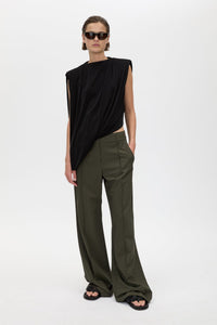 Front view CAMILLA AND MARC Ravine Draped Top in Black with asymmetric silhouette.