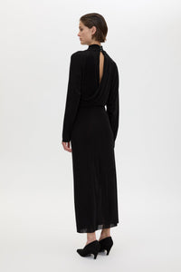 Back view CAMILLA AND MARC Ravine Midi Dress in Black with asymmetric draped neckline.