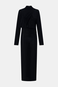 Ghost view CAMILLA AND MARC Ravine Midi Dress in Black with asymmetric draped neckline.